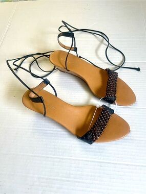 UNISA Strappy Beaded Ankle-Tie Sandals - Tan/Black Size 8 1/2 - 9